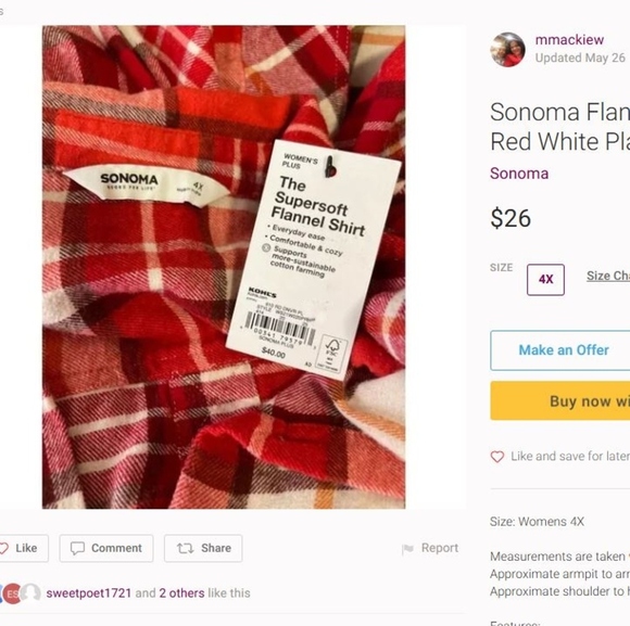 Sonoma Super Soft 100% Cotton Red Plaid Flannel Button-Up Shirt Size 3X EUC - Picture 7 of 10